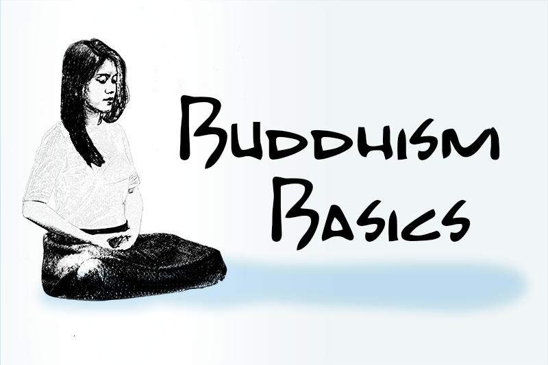 Buddhism Basics Logo: Woman meditating with Buddhism Basics written beside her.