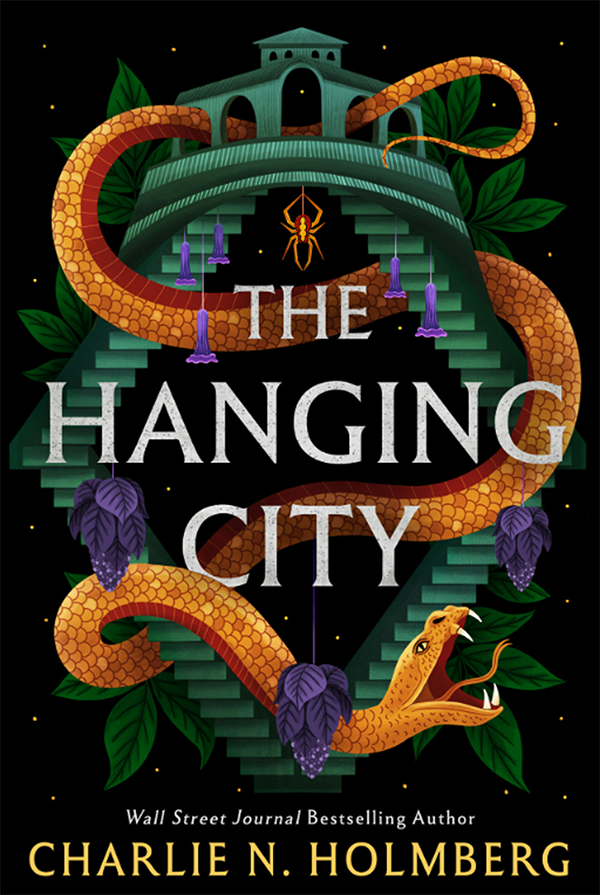 Book cover of "The Hanging City" novel written by Charlie N. Holmberg with a yellow snake weaving in and out of a conceptual bridge with stairs leading down.